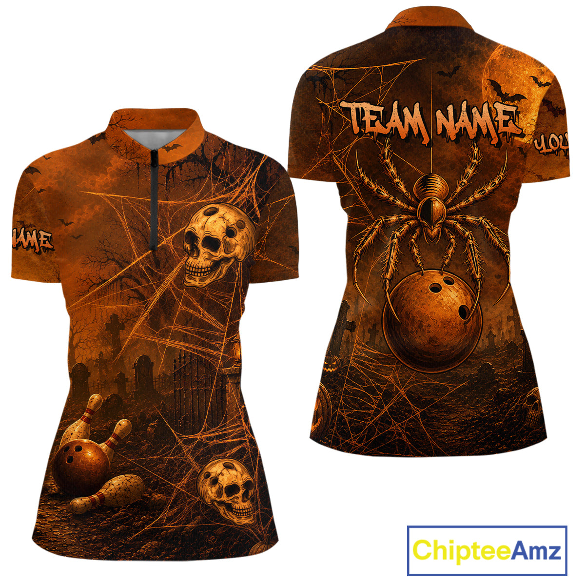 Front and back views of a short-sleeve polo shirt with a Halloween-themed graphic print in orange, brown, and black. The design features skulls, spiders, bowling balls, and cobwebs, with customizable text areas on the back and sleeves.