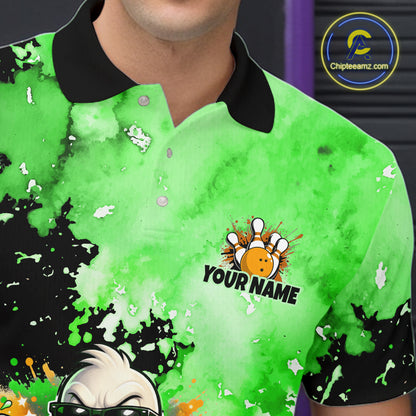 A close-up of a person wearing a bright green and black custom-printed polo shirt with a bowling-themed graphic and the text 'YOUR NAME'.