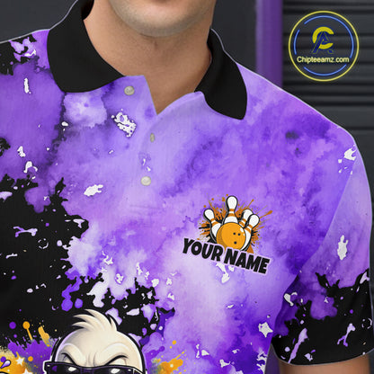 A close-up of a person wearing a short-sleeve polo shirt with a purple watercolor splatter print, black collar and sleeve cuffs, and a bowling-themed graphic with the text 'YOUR NAME'.