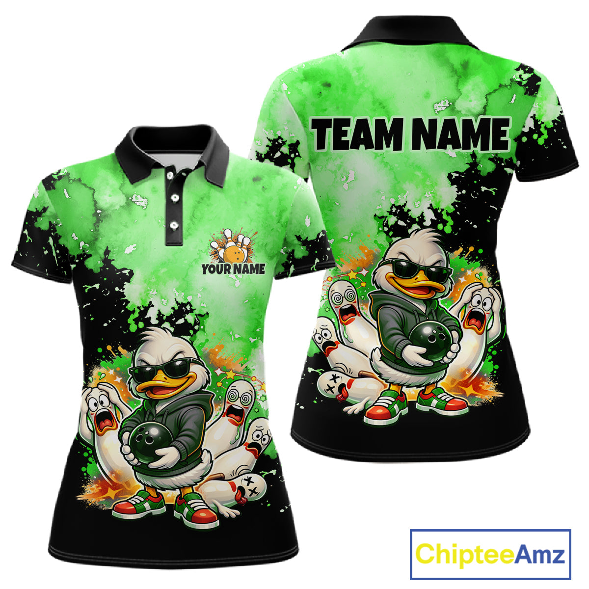 Front and back views of a short-sleeve polo shirt with a green and black watercolor splatter design, featuring cartoon ducks, pins, and customizable text including 'TEAM NAME' and 'YOUR NAME'.