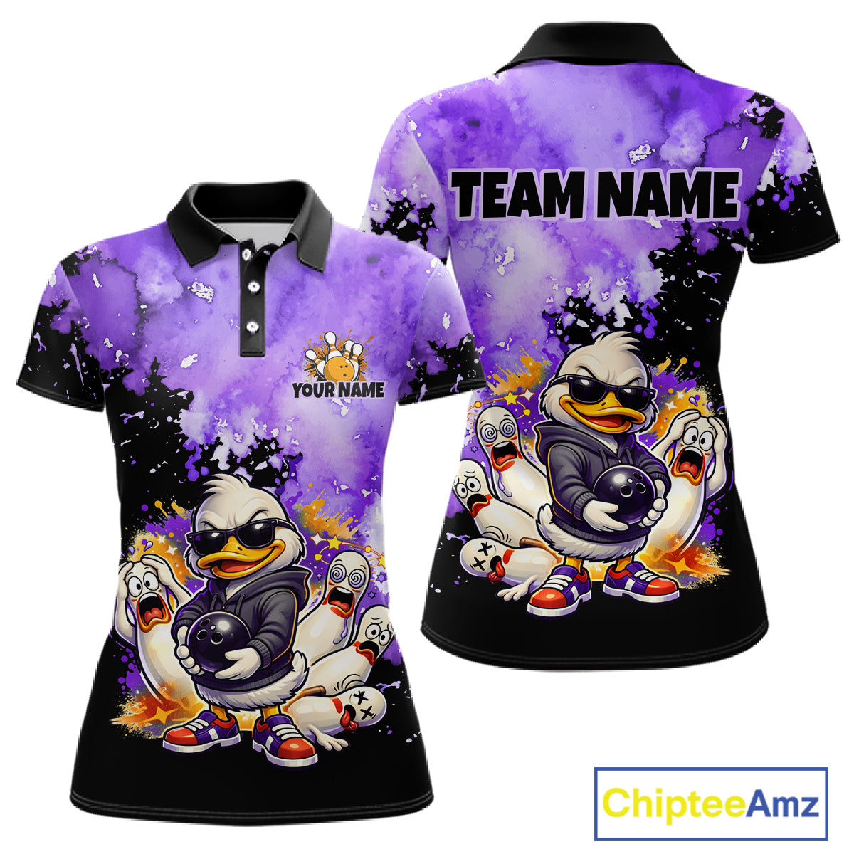 Front and back views of a short-sleeve polo shirt with a purple and black watercolor-style background, featuring cartoon ducks in sunglasses and ghost graphics, plus customizable text areas including 'TEAM NAME' and 'YOUR NAME'.