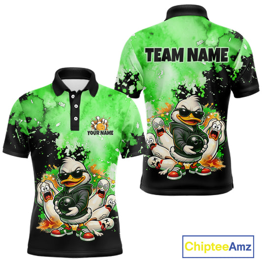 Customizable short-sleeve polo shirt shown from both front and back, featuring a green and black splatter design with cartoon ducks holding bowling balls, bowling pins, and pins, plus placeholder text 'YOUR NAME' and 'TEAM NAME'.