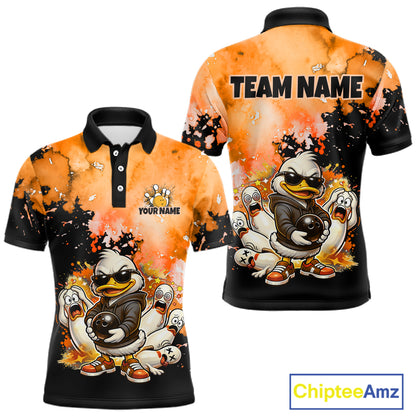 Front and back views of a custom short-sleeve polo shirt featuring a cartoon duck mascot wearing sunglasses, with orange and black splatter-style graphics. The front shows a collar, buttons, and placeholder text 'YOUR NAME', while the back has 'TEAM NAME' at the top.