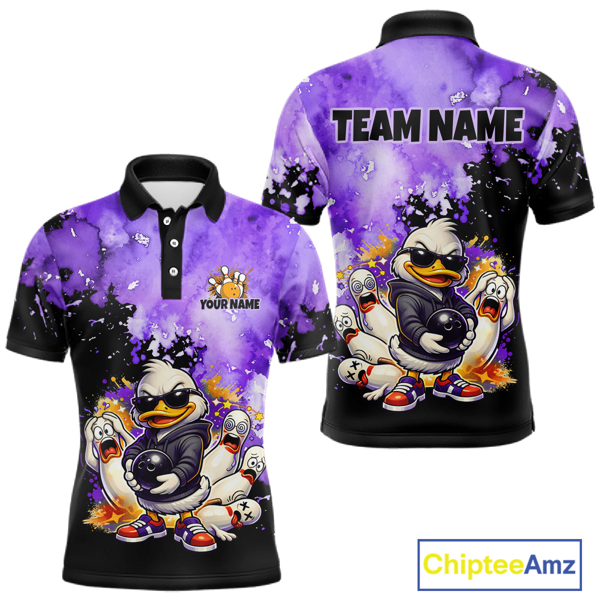 Front and back views of a short-sleeve polo shirt with a purple and black watercolor splatter design, cartoon duck graphics, and customizable text areas on a white background.