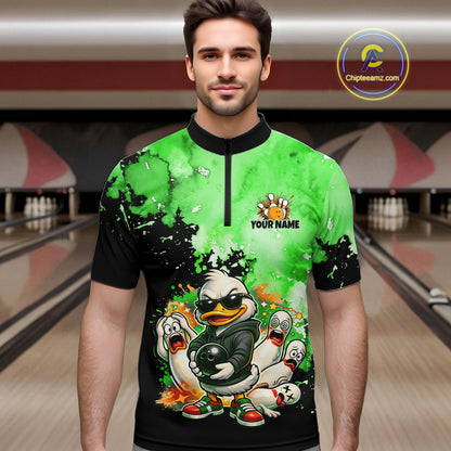 A man wearing a short-sleeve bowling jersey with a green and black splatter design, a cartoon duck character on the front, and a black collar. The background shows bowling lanes, and a circular logo for Chipteamz is visible in the top right corner.