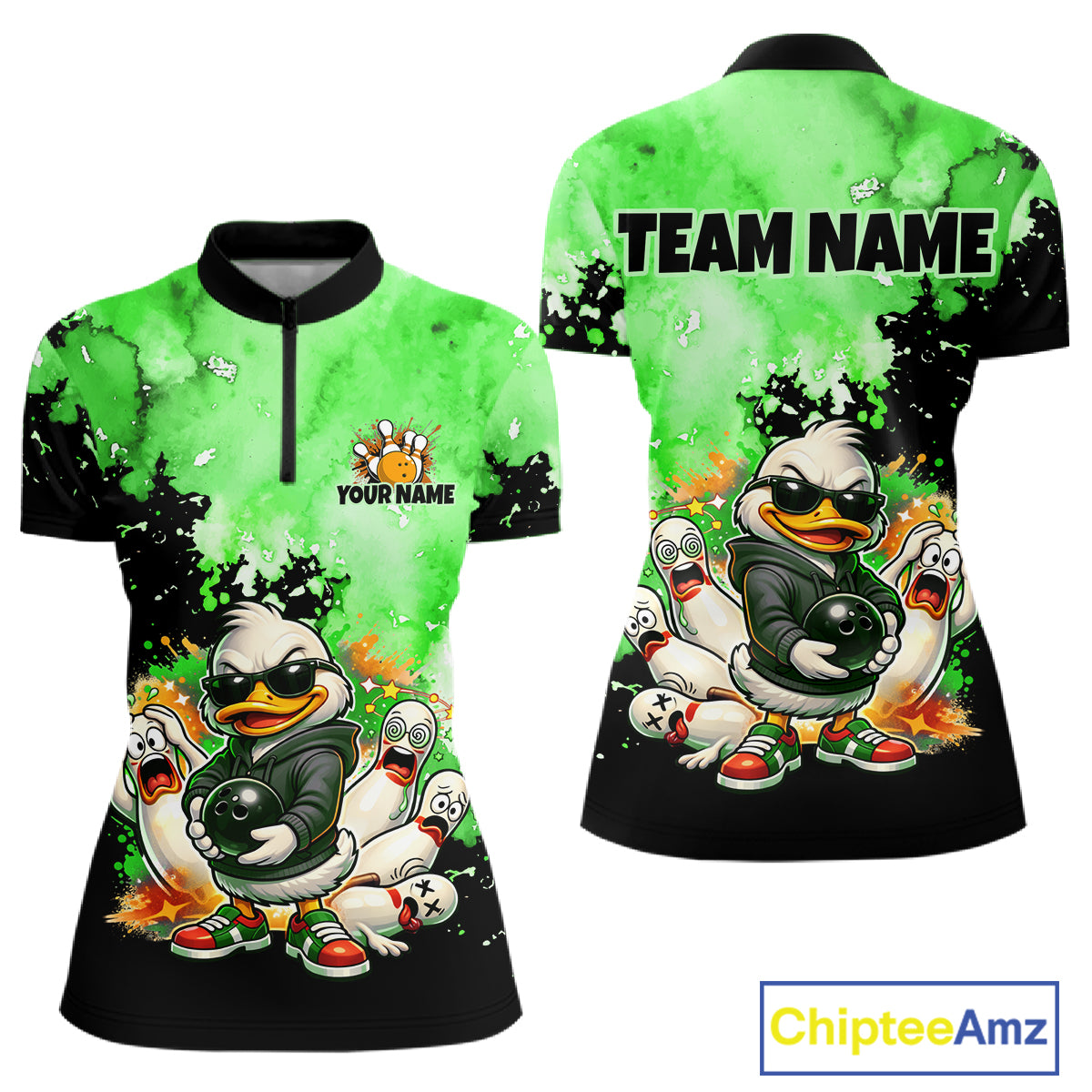 Front and back views of a short-sleeve quarter-zip shirt with a green and black watercolor-style background, featuring cartoon ducks wearing sunglasses and bowling balls, plus customizable text areas reading 'YOUR NAME' and 'TEAM NAME'.
