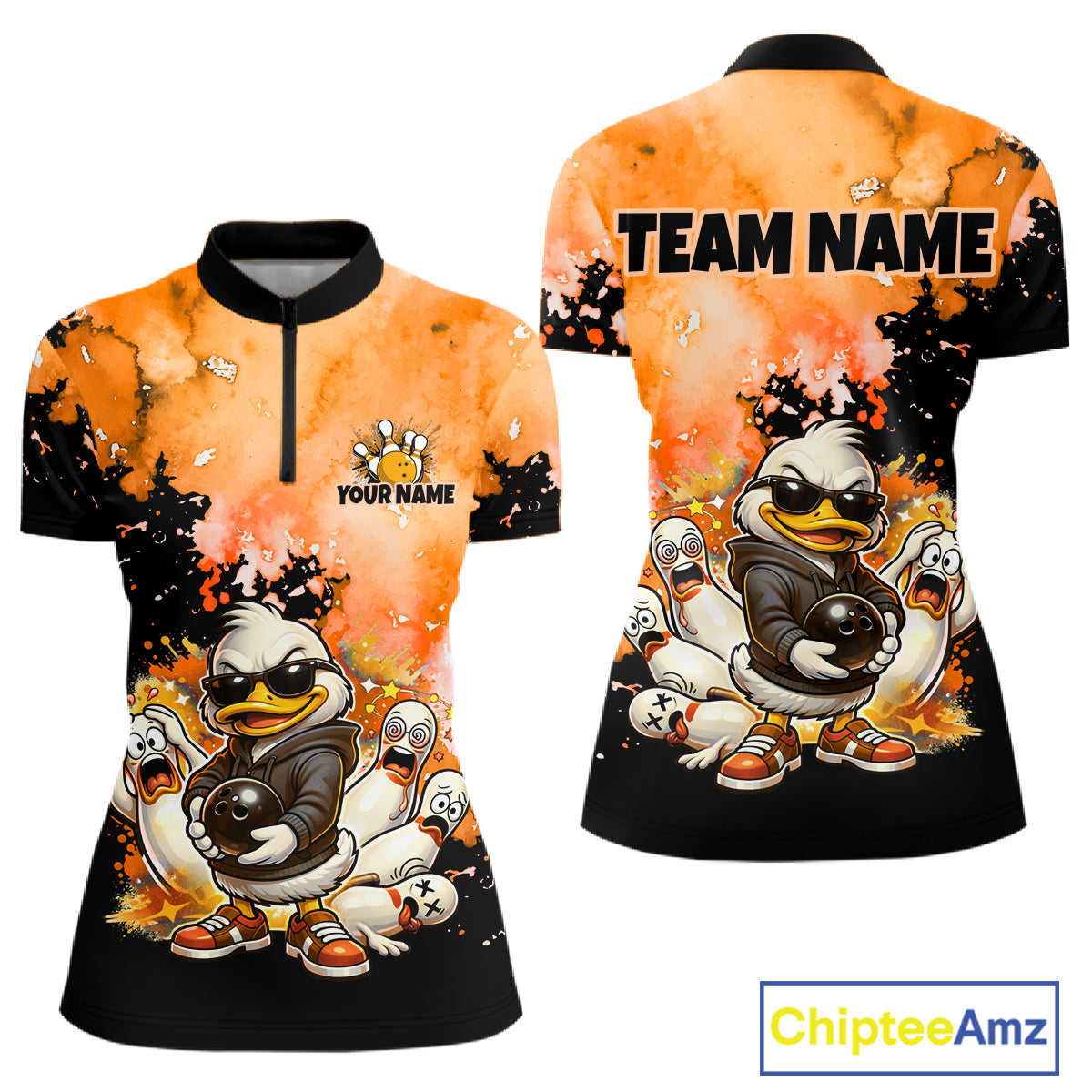 Front and back views of a short-sleeve polo shirt with a cartoon duck graphic, shown on a plain white background. The shirt has an orange and black splattered design, with customizable text placeholders on the front and back.