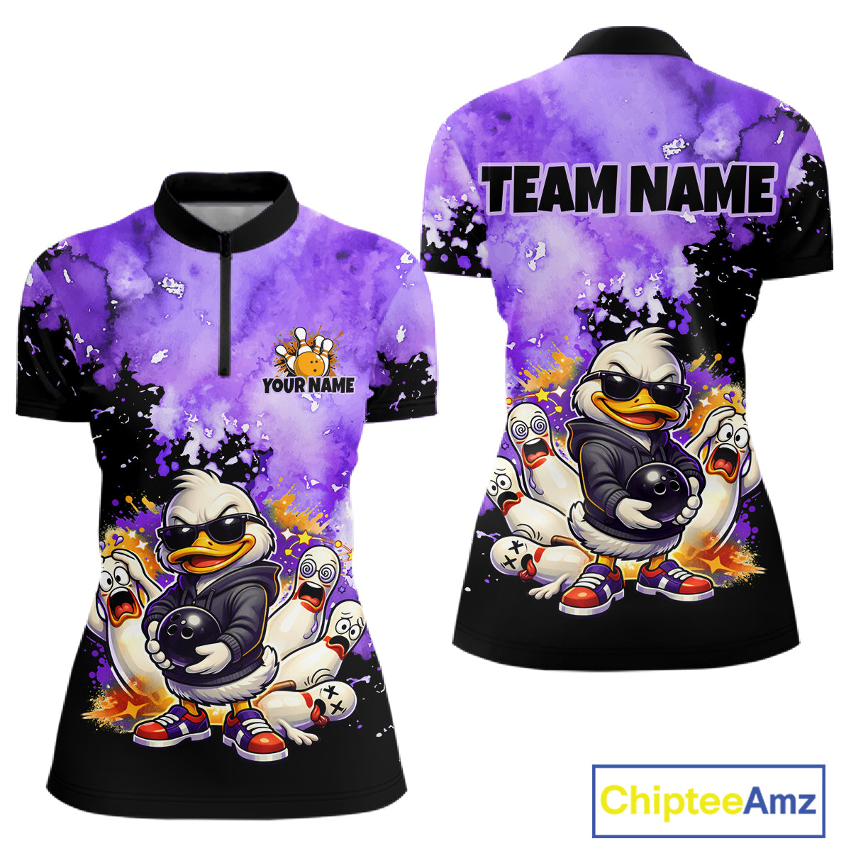 Front and back views of a short-sleeve quarter-zip shirt with a purple and black watercolor-style graphic featuring cartoon ducks, bowling pins, and the text 'TEAM NAME' and 'YOUR NAME'.