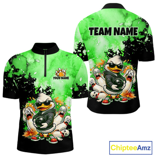 Front and back views of a short-sleeve athletic quarter-zip shirt with a bright green and black watercolor splatter design, featuring cartoon ducks, bowling pins, bowling balls, and customizable text placeholders 'YOUR NAME' and 'TEAM NAME'.