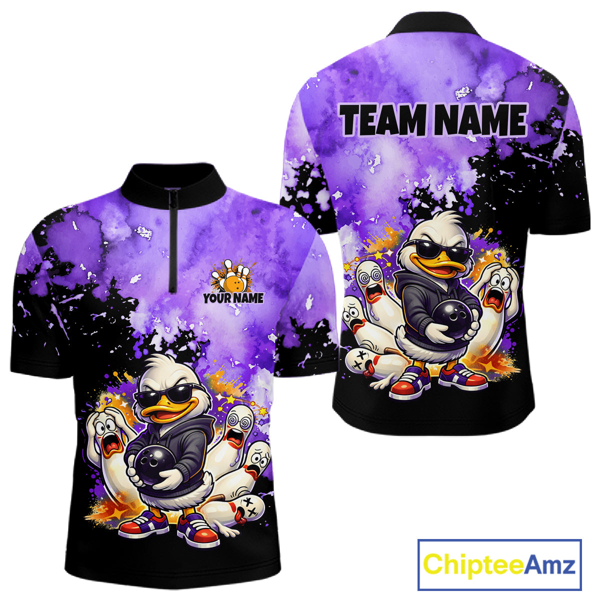 Front and back views of a short-sleeve custom jersey featuring a cartoon duck character with a bowling ball, pins, and a purple watercolor splatter background. The front has a black collar and a partial black zipper, with customizable text 'YOUR NAME' and 'TEAM NAME' printed on the back.