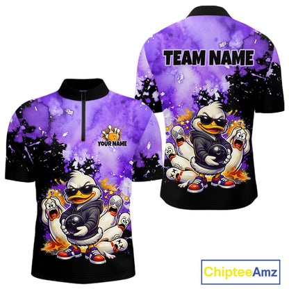 Front and back views of a short-sleeve custom jersey featuring a cartoon duck character with a bowling ball, pins, and a purple watercolor splatter background. The front has a black collar and a partial black zipper, with customizable text 'YOUR NAME' and 'TEAM NAME' printed on the back.