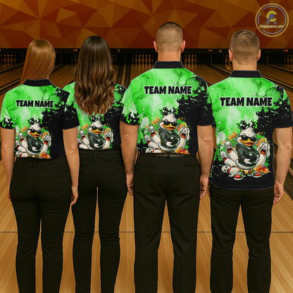 Four people standing from the back in a bowling alley, wearing matching custom bowling shirts with a bright green and black design featuring cartoon ducks and the text 'TEAM NAME'.