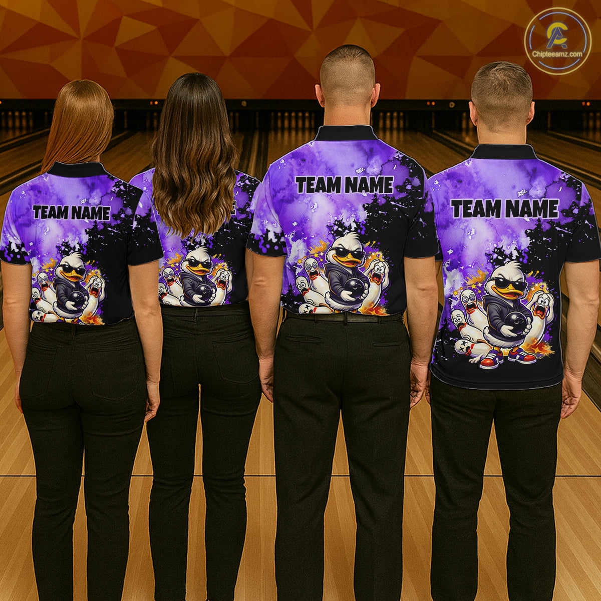 Four people standing with their backs to the camera in a bowling alley, wearing matching custom bowling shirts with a purple and black background, cartoon duck graphics, and 'TEAM NAME' text.