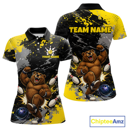 Front and back views of a custom short-sleeve polo shirt featuring a cartoon bear bowling design on a black and yellow splatter background, with 'TEAM NAME' and 'YOUR NAME' placeholder text.