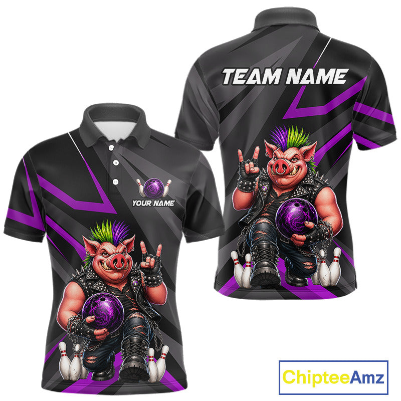 Front and back views of a black short-sleeve polo shirt with a purple and gray graphic design featuring a cartoon pig character holding a bowling ball, with customizable text areas on the chest and back.