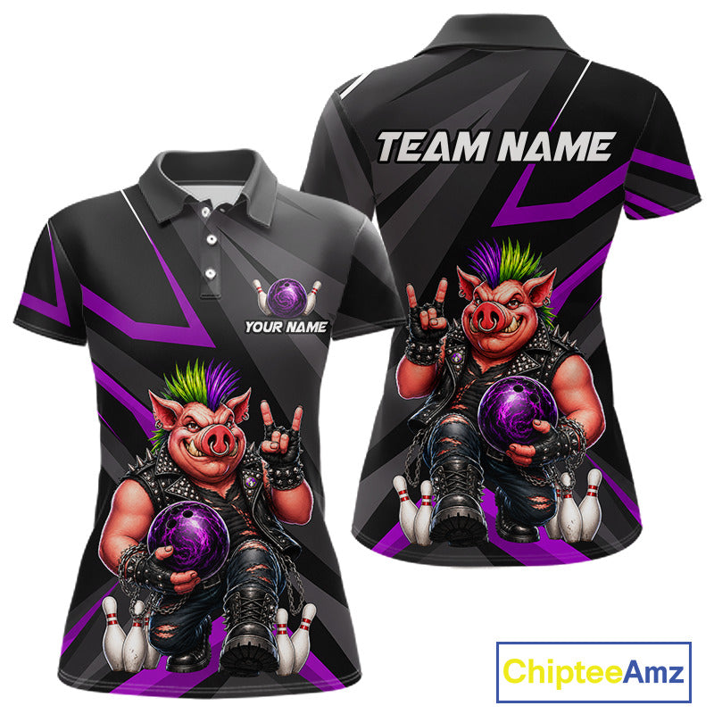 Custom short-sleeve polo shirt shown from front and back on a white background. The shirt features a black and dark gray diagonal striped base with vibrant purple graphic accents and a large cartoon pig character holding a purple bowling ball.