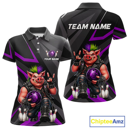 Custom short-sleeve polo shirt shown from front and back on a white background. The shirt features a black and dark gray diagonal striped base with vibrant purple graphic accents and a large cartoon pig character holding a purple bowling ball.
