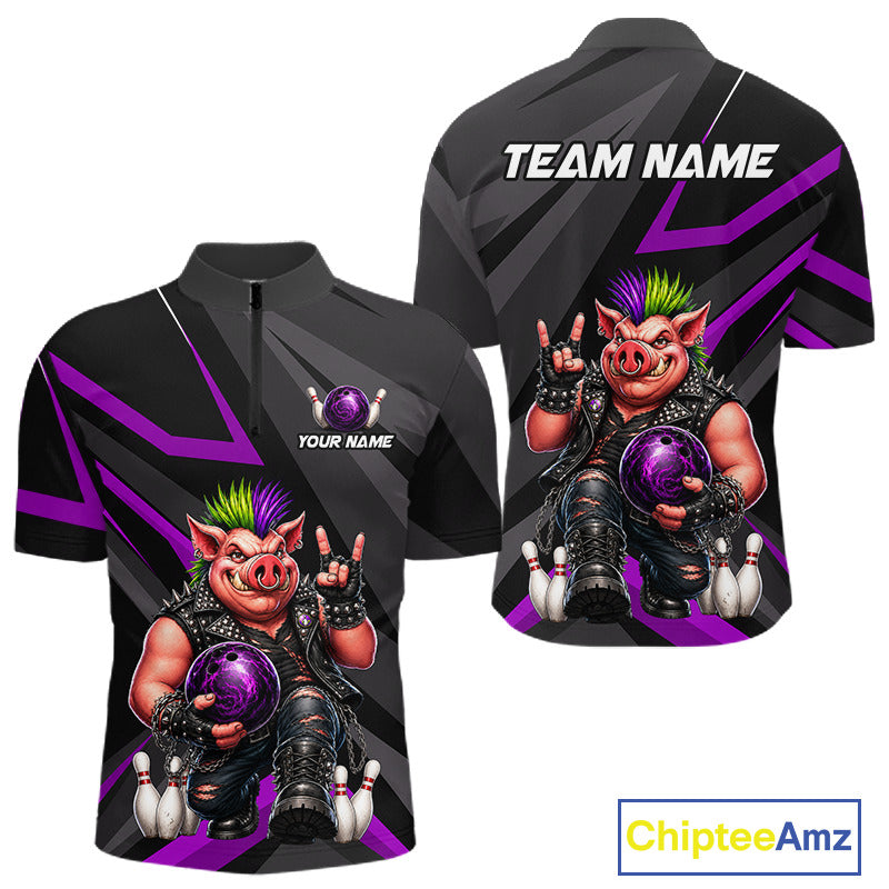 Front and back views of a black short-sleeve custom bowling t-shirt with a cartoon pig graphic holding a purple bowling ball, featuring 'TEAM NAME' and 'YOUR NAME' customization placeholders