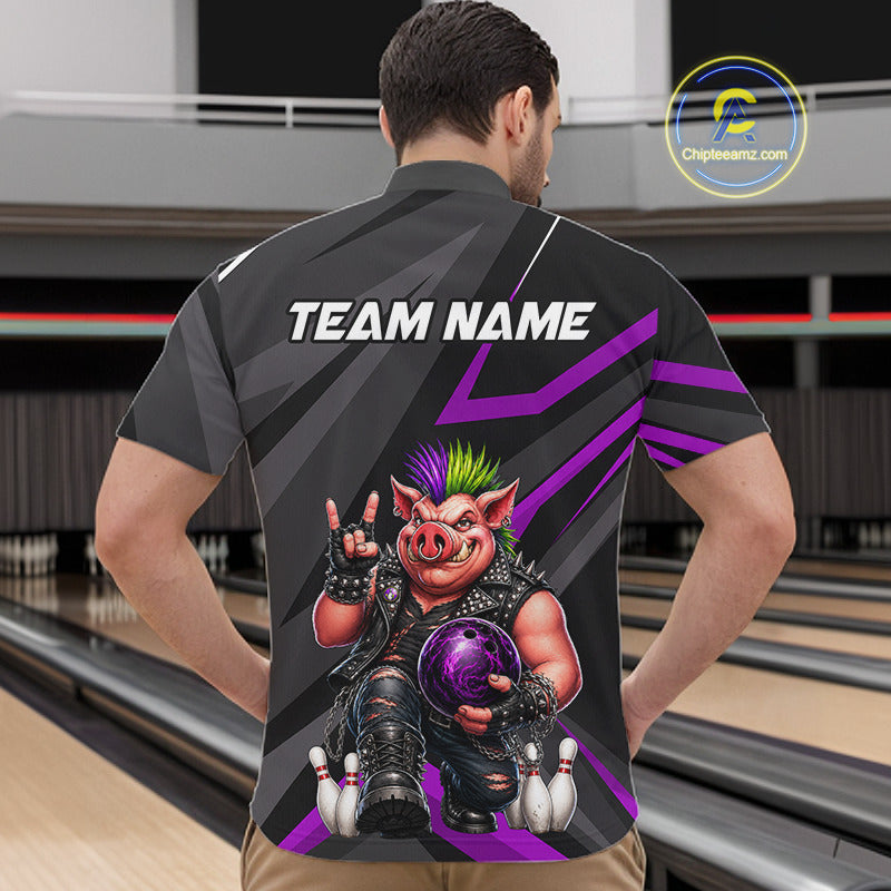 A man viewed from behind wearing a custom bowling-themed short-sleeve shirt with a large graphic of a pig bowling ballster and the text 'TEAM NAME' on the back. The shirt features a black and gray base with purple accents.