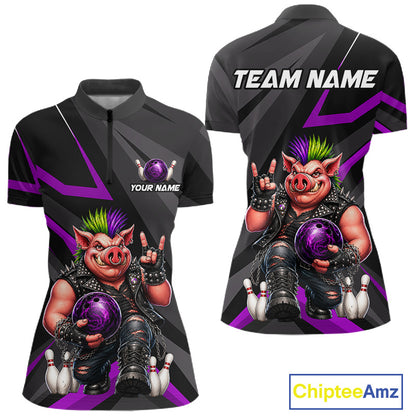 Front and back views of a short-sleeve athletic polo shirt featuring a cartoon pig bowling graphic, black and purple geometric patterns, and customizable text placeholders on a white background.