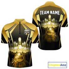 Load image into Gallery viewer, Front and back view custom black gold bowling quarter-zip shirt featuring a glowing bowling ball, illuminated bowling pins and gold geometric light beam design, personalized with team name and player name