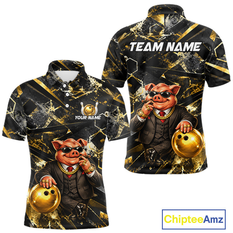 Custom Funny Mafia Pig Bowling Shirt, Black and Gold Bowling League Jersey for Men, Bowling Outfit QZT1203