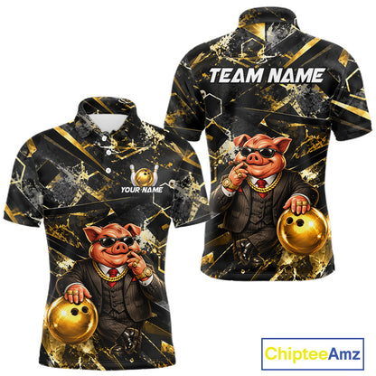 Custom Funny Mafia Pig Bowling Shirt, Black and Gold Bowling League Jersey for Men, Bowling Outfit QZT1203