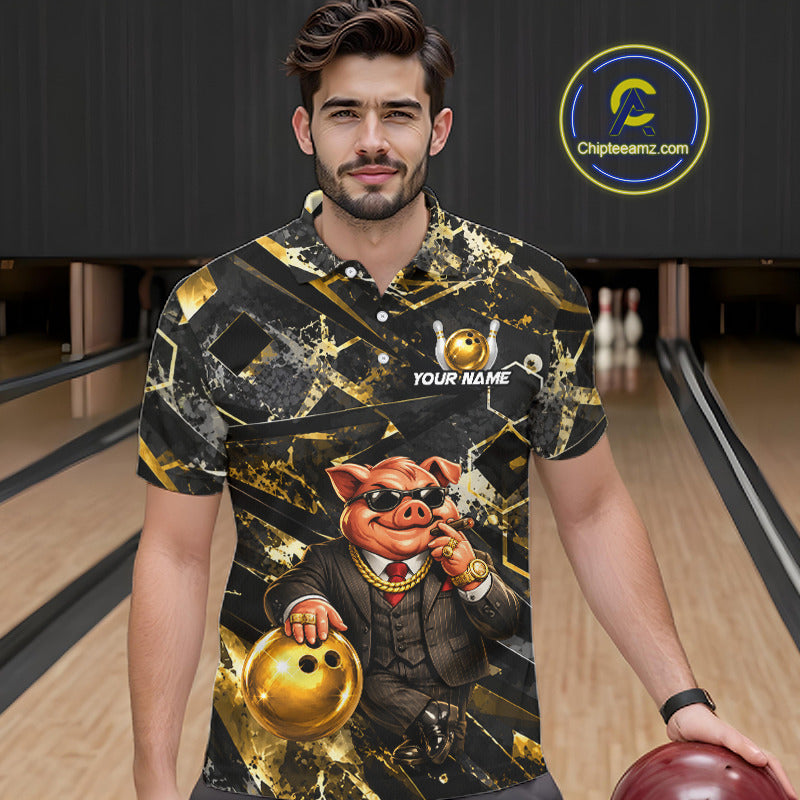 Custom Funny Mafia Pig Bowling Shirt, Black and Gold Bowling League Jersey for Men, Bowling Outfit QZT1203