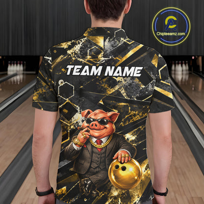 Custom Funny Mafia Pig Bowling Shirt, Black and Gold Bowling League Jersey for Men, Bowling Outfit QZT1203