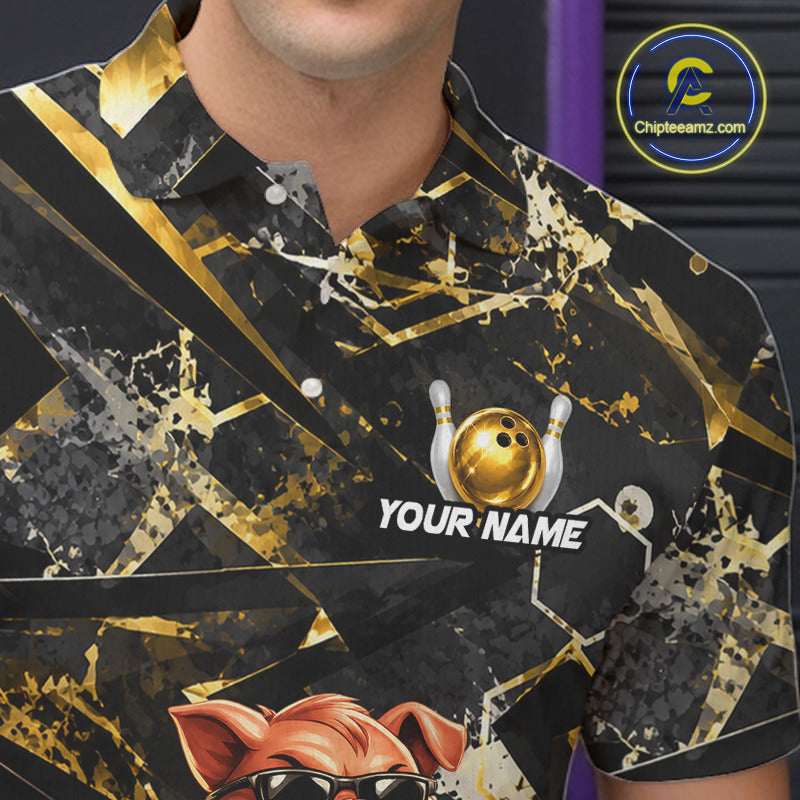 Custom Funny Mafia Pig Bowling Shirt, Black and Gold Bowling League Jersey for Men, Bowling Outfit QZT1203