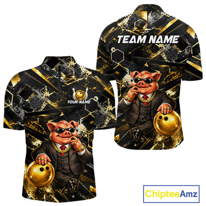 Custom Funny Mafia Pig Bowling Shirt, Black and Gold Bowling League Jersey for Men, Bowling Outfit QZT1203