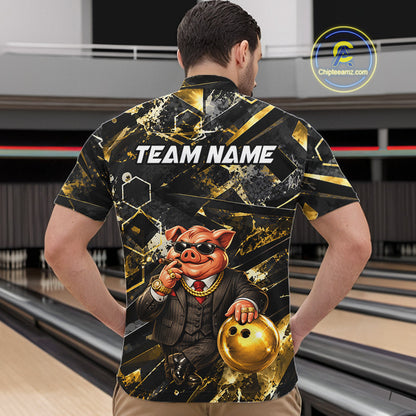 Custom Funny Mafia Pig Bowling Shirt, Black and Gold Bowling League Jersey for Men, Bowling Outfit QZT1203