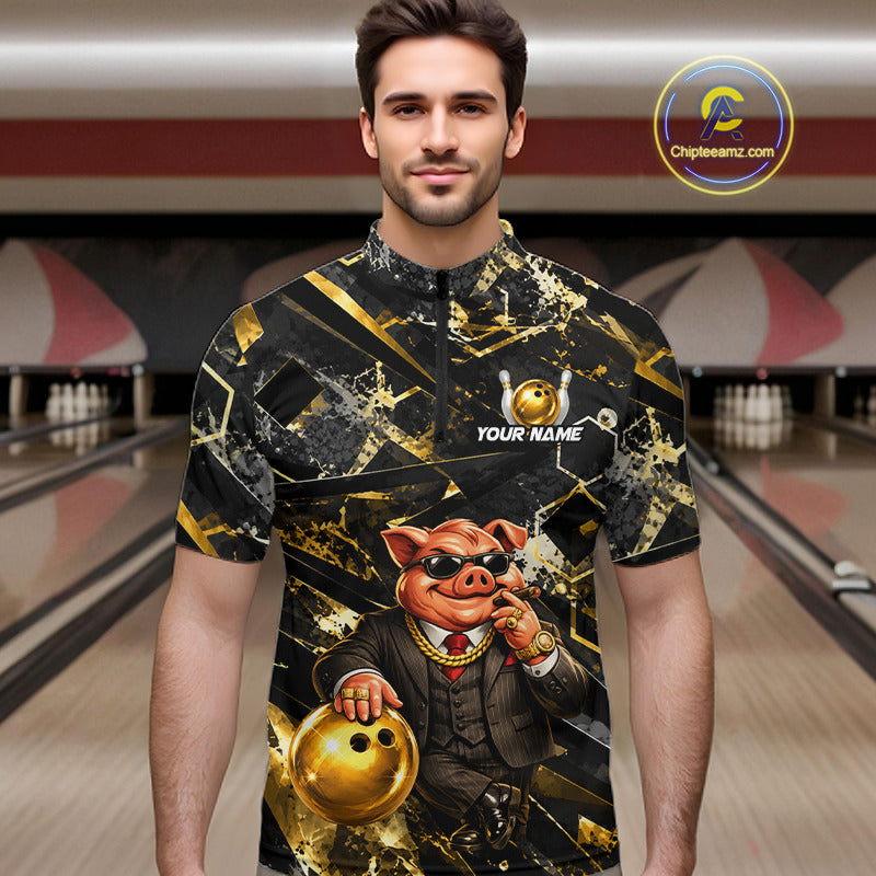 Custom Funny Mafia Pig Bowling Shirt, Black and Gold Bowling League Jersey for Men, Bowling Outfit QZT1203