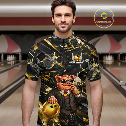 Custom Funny Mafia Pig Bowling Shirt, Black and Gold Bowling League Jersey for Men, Bowling Outfit QZT1203