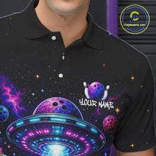 Load image into Gallery viewer, Black polo shirt with space-themed design featuring a UFO, planets, and bowling elements.