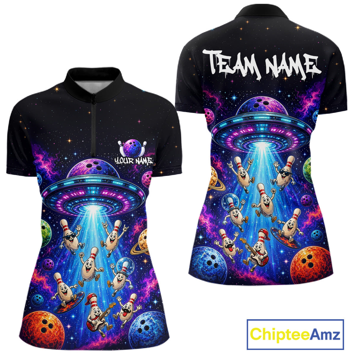 Colorful polo shirt with alien design on front and back, featuring 'Chiptee Amz' brand.