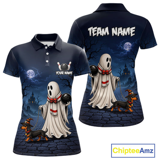 Front and back views of a dark navy blue short-sleeve polo shirt with a Halloween graphic print. The design features cartoon ghosts holding black balls, a dachshund, a haunted house, full moons, and a cobblestone street.