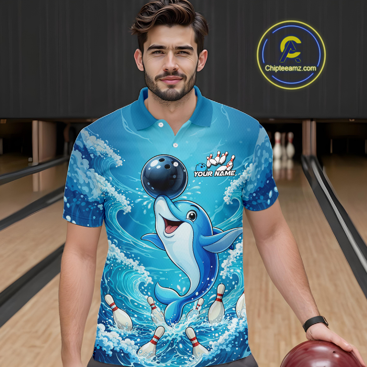 Custom Funny Dolphin Bowling Polo Shirt Blue Ocean Theme Team Jersey Bowling Outfit for Men QZT857