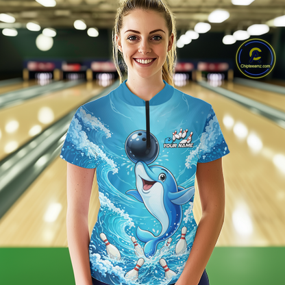 Custom Funny Dolphin Bowling Polo Shirt Blue Ocean Team Jersey Bowling Outfit for Women QZT857
