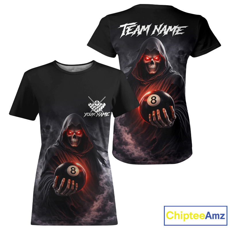 Black t-shirt with a hooded figure holding an 8-ball on the front and back, featuring 'Team Name' text.