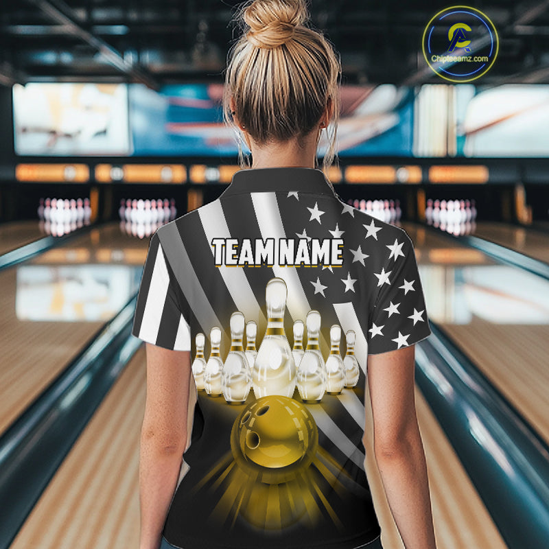 Custom Gold American Flag Bowling Shirt for Men Bowling Team Jersey Bowling Outfit QZT1200