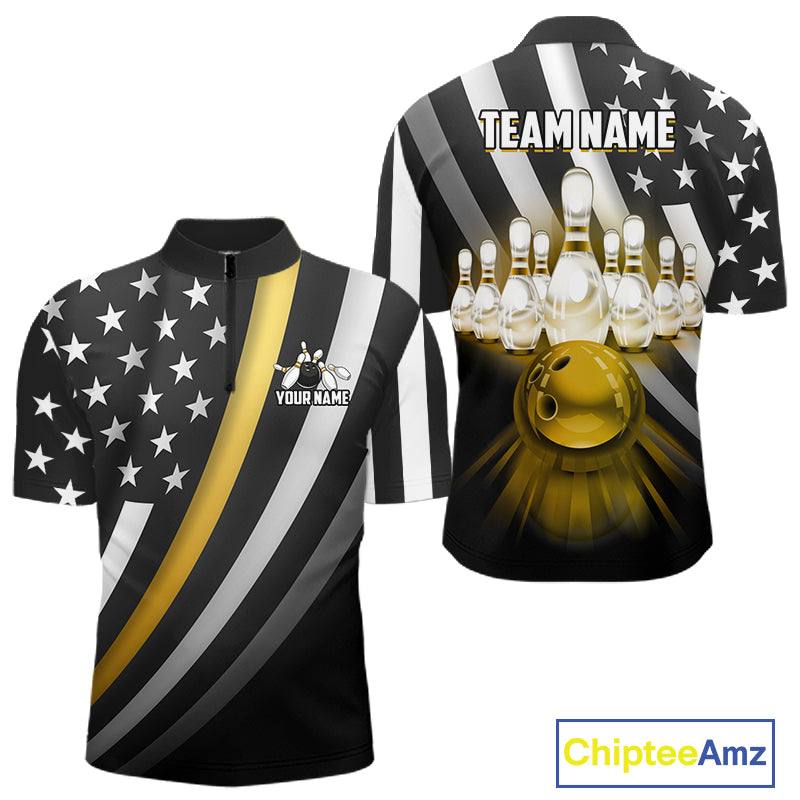 Custom Gold American Flag Bowling Shirt for Women Bowling Team Jersey Bowling Outfit QZT1200