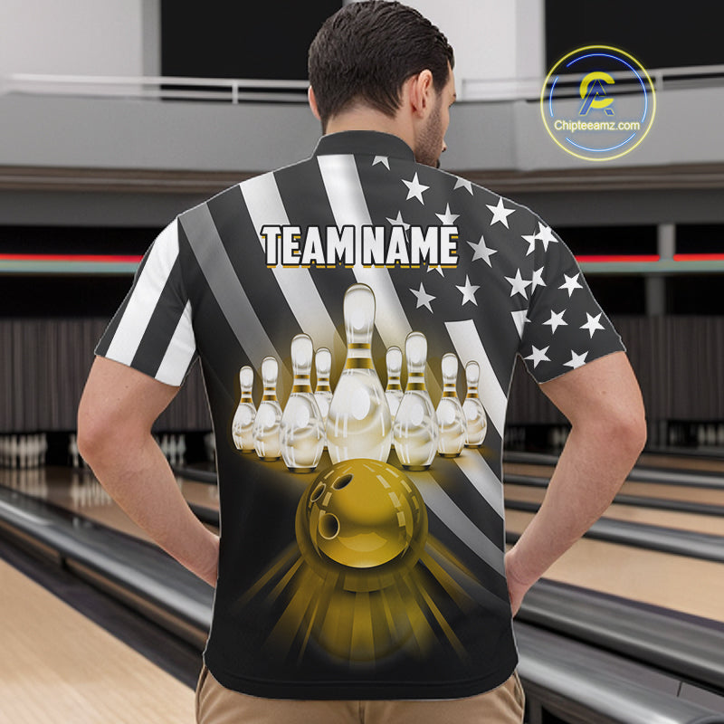 Custom Gold American Flag Bowling Shirt for Women Bowling Team Jersey Bowling Outfit QZT1200