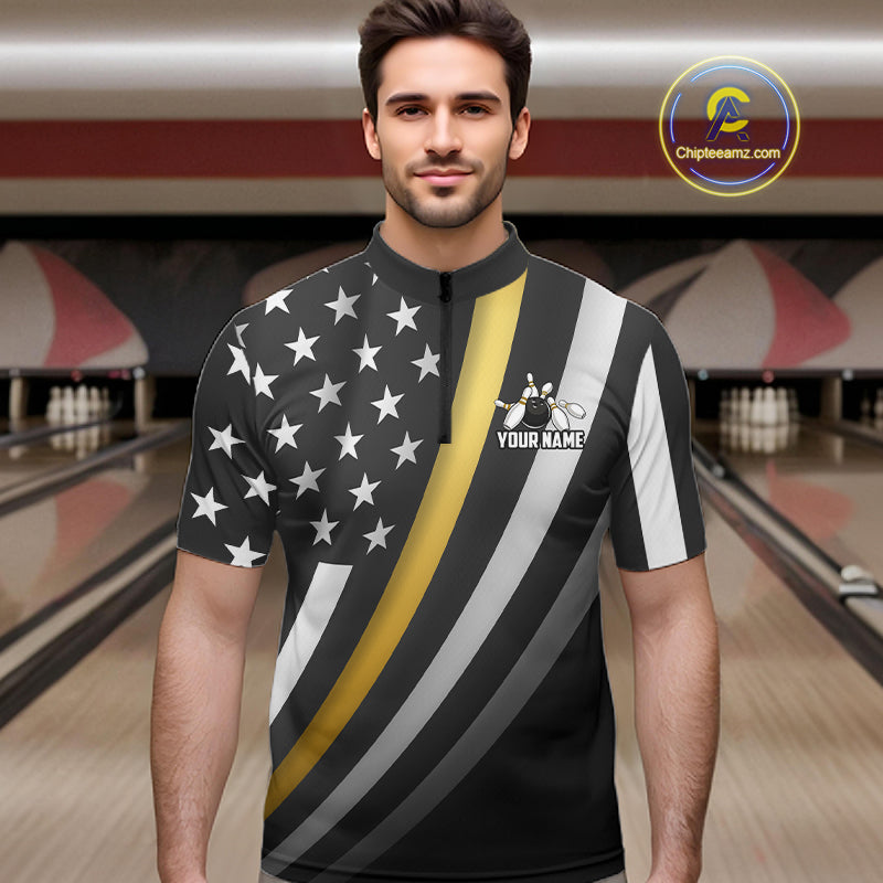 Custom Gold American Flag Bowling Shirt for Women Bowling Team Jersey Bowling Outfit QZT1200