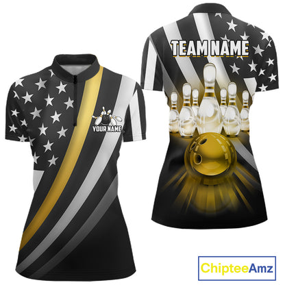 Custom Gold American Flag Bowling Shirt for Men Bowling Team Jersey Bowling Outfit QZT1200