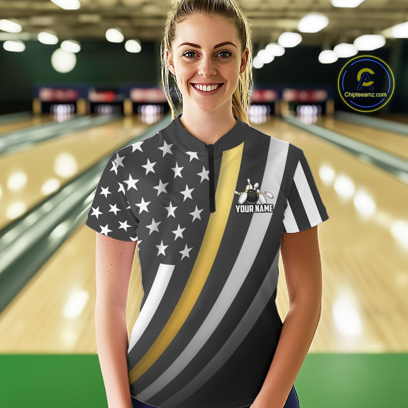 Custom Gold American Flag Bowling Shirt for Men Bowling Team Jersey Bowling Outfit QZT1200
