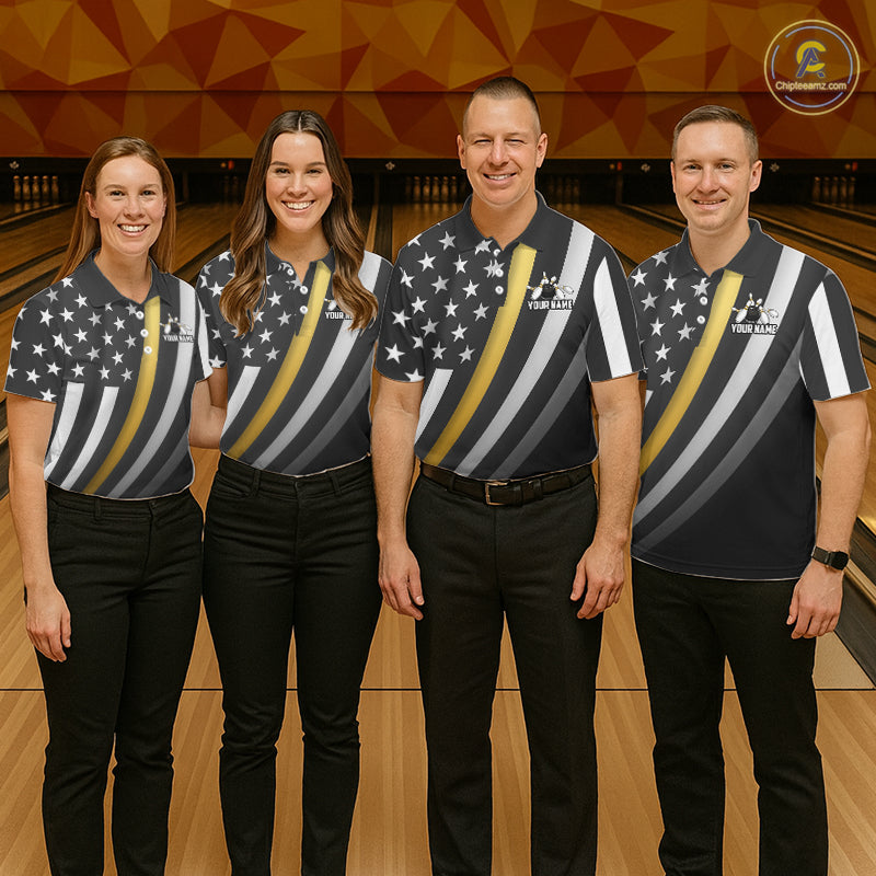 Custom Gold American Flag Bowling Shirt for Men Bowling Team Jersey Bowling Outfit QZT1200