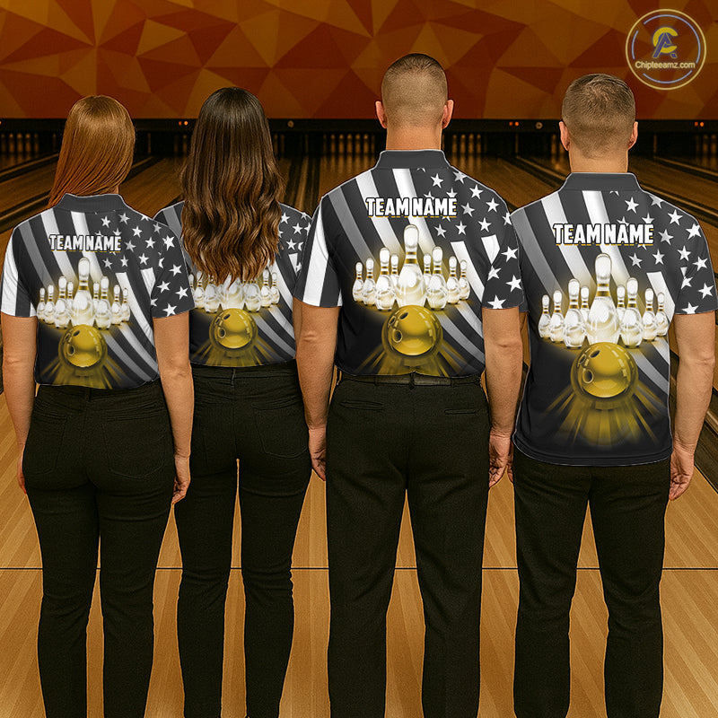 Custom Gold American Flag Bowling Shirt for Men Bowling Team Jersey Bowling Outfit QZT1200