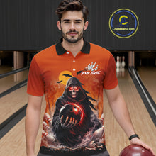 Load image into Gallery viewer, Male model wearing a custom orange grim reaper bowling polo shirt front view featuring a hooded grim reaper, glowing bowling ball, fiery smoke effect and sunset background at the bowling alley