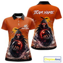 Load image into Gallery viewer, Front and back view custom orange grim reaper bowling polo shirt featuring a hooded grim reaper holding a glowing bowling ball, fiery smoke effect and sunset background, personalized with team name and player name